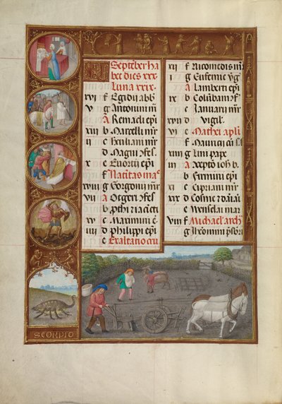 September Kalenderseite; Pflügen und Säen; Skorpion von Master of James IV of Scotland