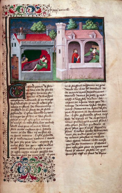 Galante Szene: zwei Paare im Gespräch. Seite eines Manuskripts in Französisch des „Decameron“ von Giovanni Boccaccio, illuminiert vom Meister von Mansel. 1450. Paris, Arsenal-Bibliothek von Master of Jean Mansel