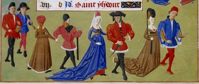 Mai: die Höflinge spazieren. Detail einer illuminierten Manuskriptseite aus dem Stundenbuch der Herzogin von Burgund, Adelaide von Savoyen von Master of Jean Rolin II