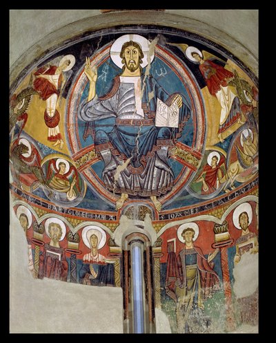 Christus in Majestät flankiert von Seraphim und Symbolen der Evangelisten, Apsismalerei aus San Climente in Taull (Tahull) Katalonien, ca. 1123 von Master of Tahull