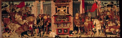 Oben, Didon empfängt die Botschafter von Enee nach Troja. Detrempe auf Holz des Meisters De Tournon De Sainte Croix von Master of Tournon de Sainte Croix