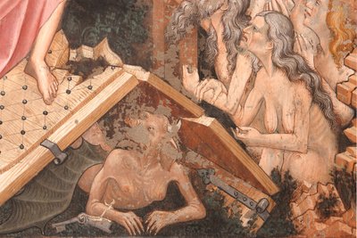 Auferstehung und Abstieg in den Limbus (Detail): die Tore der Hölle und die Figur des Teufels am Boden von Master of Vignola
