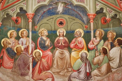 „Pfingsten“, Detail mit betenden Heiligen und der Jungfrau Maria und der Taube, ca. 1420 (Fresko) von Master of Vignola