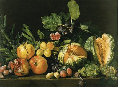 Granatäpfel, Melonen, Trauben, Pfirsiche, Feigen und andere Früchte auf einem Steinsims von Master of the Acquavella Still Life