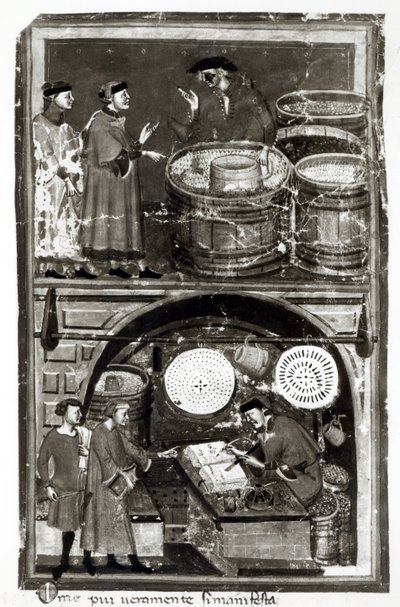 Ein Olivenhändler auf dem Markt und in seinem Laden von Master of the Biadaiolo Codex