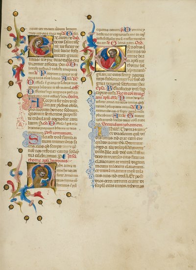 Initiale E: Heilige Lucia; Initiale M: Heiliger Thomas; Initiale D: Heiliger Thomas predigt von Master of the Brussels Initials
