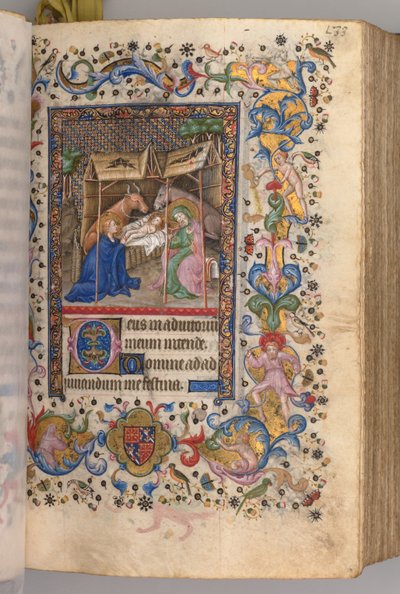 Stundenbuch von Karl dem Edlen, König von Navarra 1361-1425: fol. 67r, Geburt Christi, um 1405 von Master of the Brussels Initials and Associates