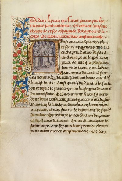 Initiale A: Der Körper des heiligen Antonius wird nach Konstantinopel transportiert und die Heilung von zwei Aussätzigen nach Berührung des Körpers des Heiligen von Master of the Brussels Romuléon