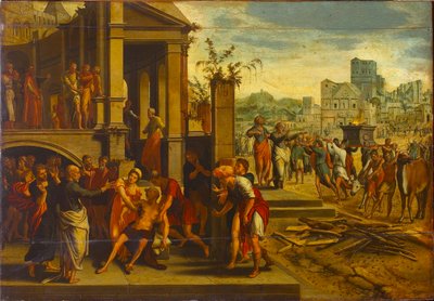 Heilige Paulus und Barnabas in Lystra, erste Hälfte des 16. Jahrhunderts von Master of the Budapest Saints Paul