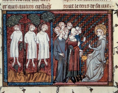 Hinrichtungen angeordnet von Enguerrand IV de Coucy. Louis IX spricht Recht. Miniatur von Mahiet in „Leben und Wunder von Saint Louis“, Manuskript von Guillaume De Saint Pathus von Master of the Cambrai Missal Mahiet