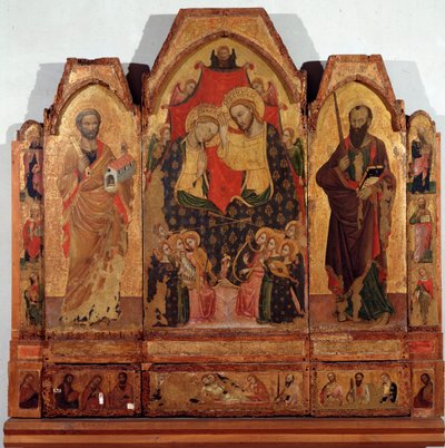 Triptychon der Krönung der Jungfrau mit den Heiligen Petrus und Paulus von Master of the Corleone Polyptic