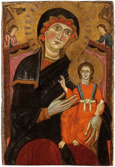 Madonna und Kind auf dem Thron mit zwei Engeln von Master of the Crucifix No. 434
