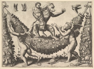 Ein Affe hält einen gefesselten Putto, der auf einem Kranz steht, vor dem zwei geflügelte P..., 1530-60 von Master of the Die
