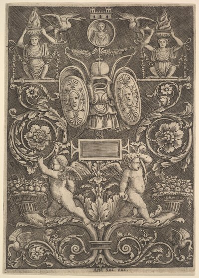 Ein Ornamentfeld, Putti stehen im unteren Abschnitt auf einem Füllhorn von Master of the Die