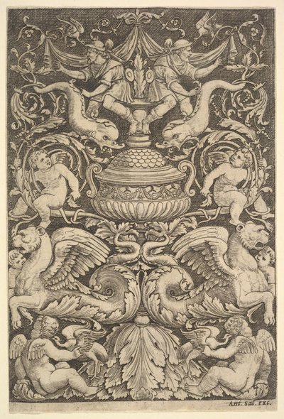 Ein Ornamentpanel mit einer großen Vase in der Mitte, Putti und anderen Figuren von Master of the Die