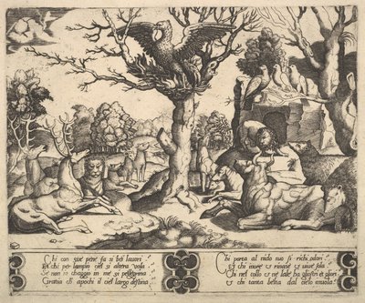 Ein Phönix auf einem Baum, Flügel geöffnet, eine Vielzahl von Tieren darunter, 1530-60 von Master of the Die