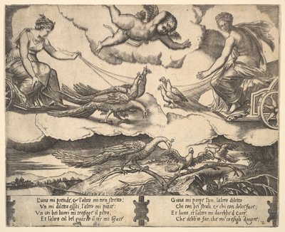 Allegorie der Ehe und Liebe, Juno in einem von Pfauen gezogenen Wagen links, Venus in einem ..., 1530-60 von Master of the Die