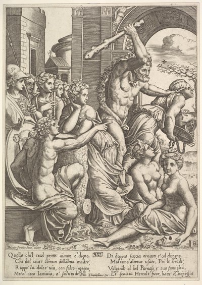 Neid oder Habgier rechts wird von Herkules aus dem Tempel der Musen vertrieben, 1530-60 von Master of the Die