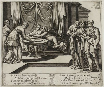 Andere Nymphen bedienen Psyche am Tisch von Master of the Die