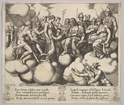 Tafel 30: Venus und Amor plädieren in Anwesenheit von Jupiter und anderen Göttern..., 1530-60 von Master of the Die