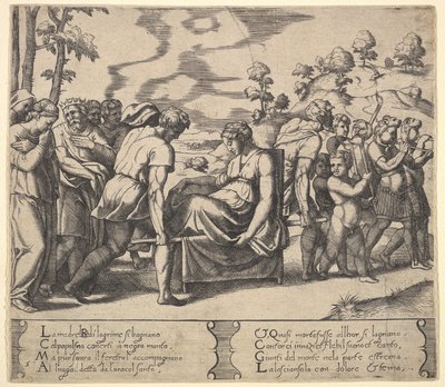Tafel 5: Psyche auf einer Sänfte getragen, aus der 