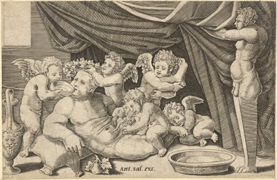 Speculum Romanae Magnificentiae: Bacchus umgeben von Putti mit Priapus haltend..., 16. Jahrhundert von Master of the Die