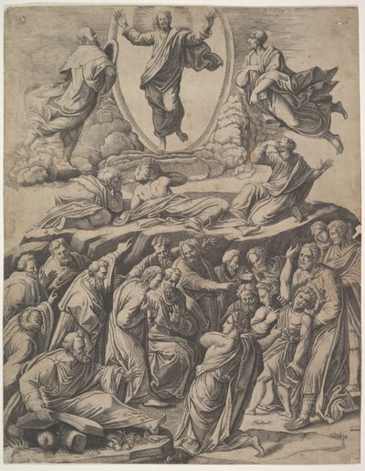 Die Verklärung Christi, der oben in der Mitte erscheint, darunter verschiedene Figuren, 1530-60 von Master of the Die