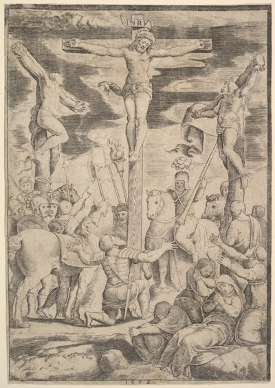 Die Bekehrung des Zenturios, der seine Arme vor Christus am Kreuz ausbreitet, 1532 von Master of the Die