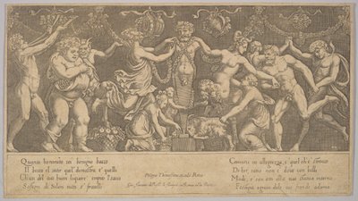 Das Opfer an Priapus, der in Form einer Statue in der Mitte steht, Bacchus und ein Sa..., 1530-60 von Master of the Die