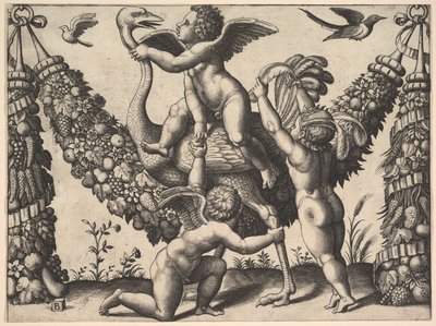 Drei Putti vor einer großen Girlande, der mittlere reitet auf einem Strauß von Master of the Die