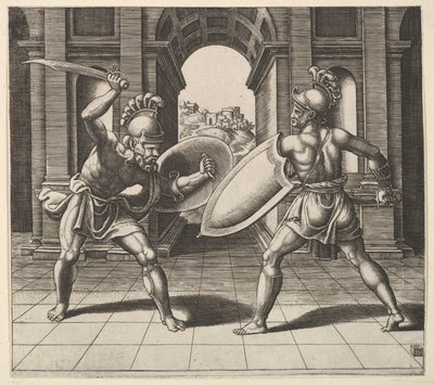 Zwei Gladiatoren kämpfen vor einem Bogen, 1530-60 von Master of the Die