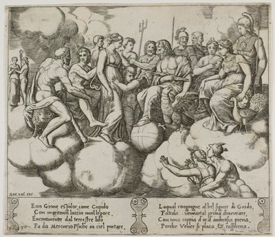 Venus und Amor plädieren in Anwesenheit von Jupiter und anderen Göttern von Master of the Die