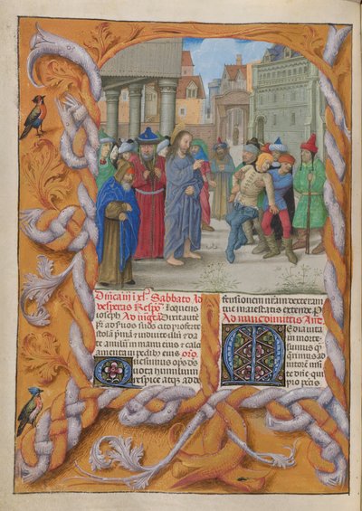 Temporale (1. Teil: vom Ersten Adventssonntag bis Karsamstag). Christus treibt einen stummen Teufel aus (Dritter Fastensonntag). Rand und zwei Textspalten, mit Initialen. von Master of the Dresden Prayer Books