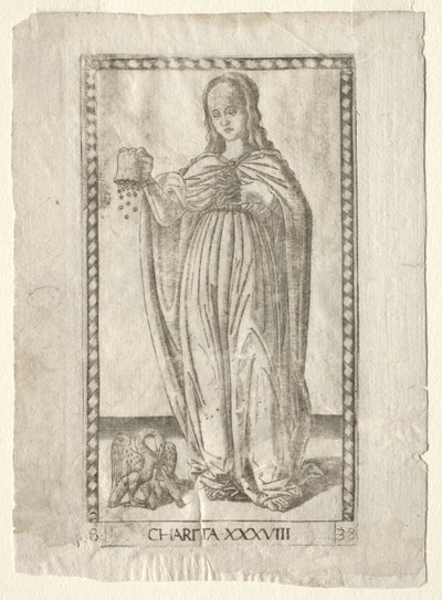 Wohltätigkeit aus den Tarocchi, Serie B: Kosmische Prinzipien & Tugenden, Nr. 38, vor 1467 von Master of the E Series Tarocchi