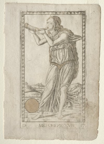 Melpomene Tragödie aus der Tarocchi-Serie D: Apollo und die Musen, Nr. 17, vor 1467 von Master of the E Series Tarocchi
