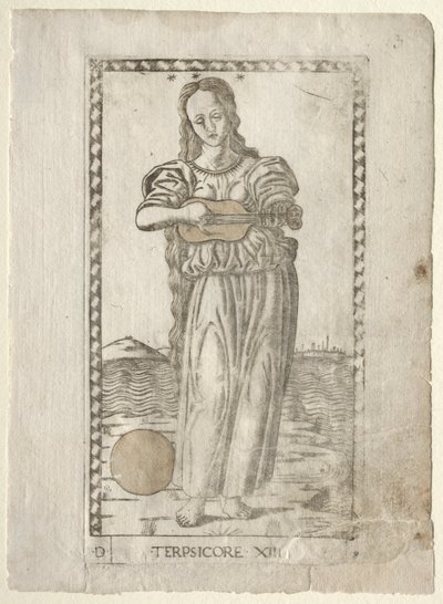 Terpsichore tanzt und singt aus der Tarocchi-Serie D..., vor 1467 von Master of the E Series Tarocchi