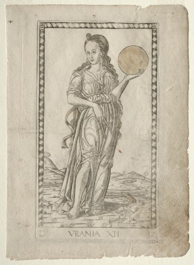 Urania Astronomie aus der Tarocchi-Serie D: Apollo und die Musen, #12, vor 1467 von Master of the E Series Tarocchi