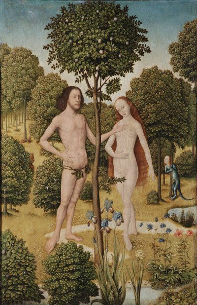 Adam und Eva im Garten Eden von Master of the Embroidered Foliage