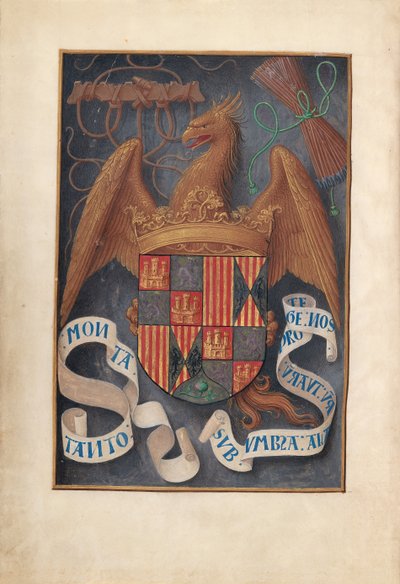 Stunden der Königin Isabella der Katholischen, Königin von Spanien: Fol. 1v, Wappen und Mottos von Isabel..., um 1500 von Master of the First Prayerbook of Maximillian