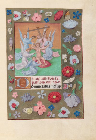 Stundenbuch der Königin Isabella der Katholischen, Königin von Spanien: Fol. 50r, Christuskind mit Leidenswerkzeugen von Master of the First Prayerbook of Maximillian