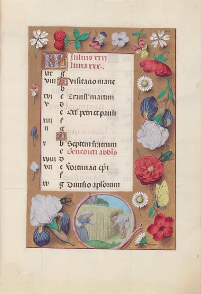 Stundenbuch der Königin Isabella der Katholischen, Königin von Spanien: Fol. 8r, Juli - Weizenernte, um 1500 von Master of the First Prayerbook of Maximillian
