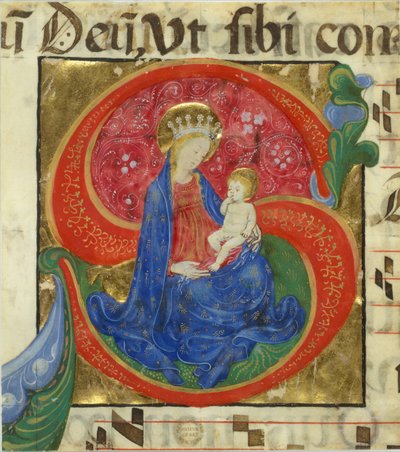 Manuskriptillumination mit der Jungfrau und dem Kind in einem Initial S, aus einem Antiphonar, Mitte des 15. Jahrhunderts von Master of the Franciscan Breviary
