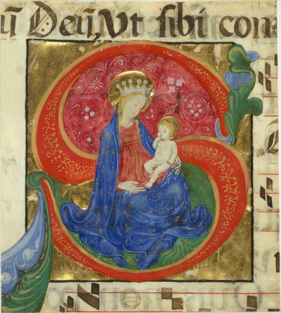 Manuskript-Illumination mit der Jungfrau und dem Kind in einem Initial S..., Mitte des 15. Jahrhunderts von Master of the Franciscan Breviary