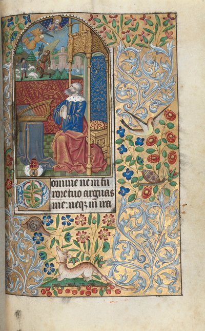 Stundenbuch (Gebrauch von Rouen): fol. 80r, Eröffnung der Bußpsalmen, David als Büßer, im Hintergrund David, der Goliath erschlägt von Master of the Geneva Latini