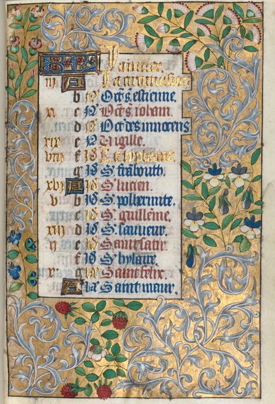 Stundenbuch Gebrauch von Rouen: fol. 1r, Aufwendige Blattbordüre, ca. 1470 von Master of the Geneva Latini