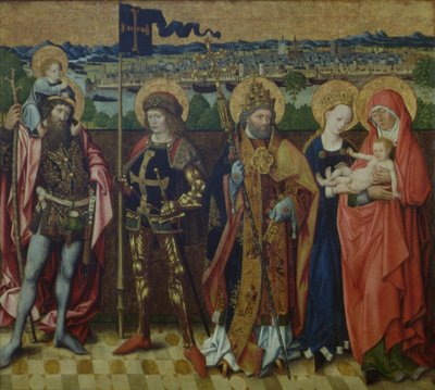 St. Anna, die Jungfrau und das Kind, St. Christophorus, St. Gereon und St. Peter in einer Landschaft, die Köln und die Sieben Hügel zeigt, um 1460-80 von Master of the Glorification of Mary