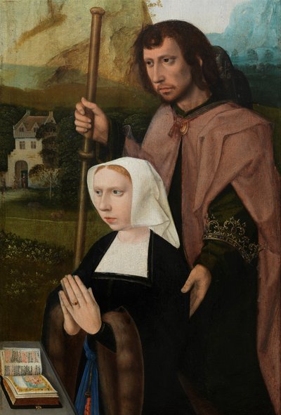 Detail des Stifters, rechter Flügel des Triptychons der Jungfrau und Kind mit den Heiligen Katharina und Barbara von Master of the Holy Blood