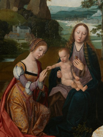 (Detail) des zentralen Panels der Jungfrau und des Kindes mit der Heiligen Katharina und der Heiligen Barbara, ca. 1520-25 von Master of the Holy Blood