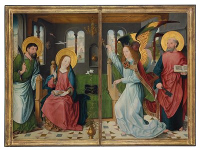 Die Verkündigung, mit den Heiligen Bartholomäus und Petrus, zwei Flügel eines Altars von Master of the Holy Kinship