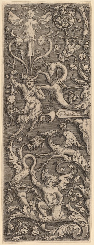 Ornament mit einem Amor, einem Satyr und grotesken Figuren von Master of the Horse Heads